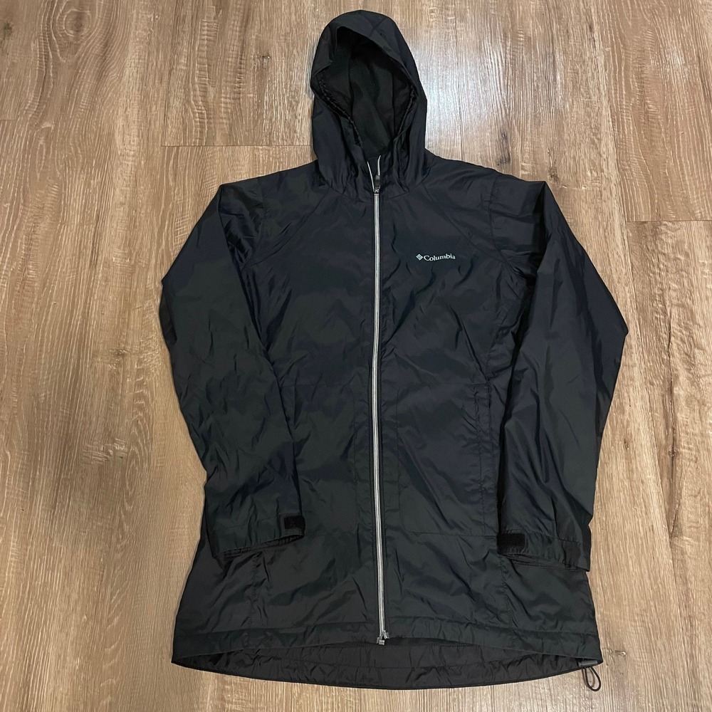 Columbia Womens Jacket Medium Black Nylon Hooded Full Zip Windbreaker Rain Coat
